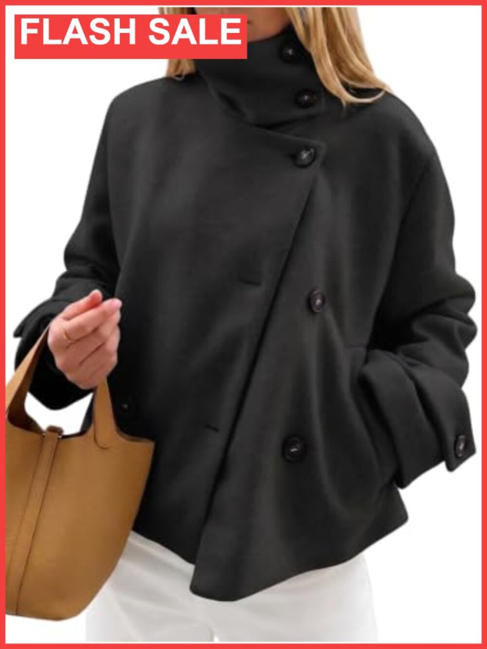 Cropped Wool Blend Pea Coat Button Down High Neck Short Loose Fit